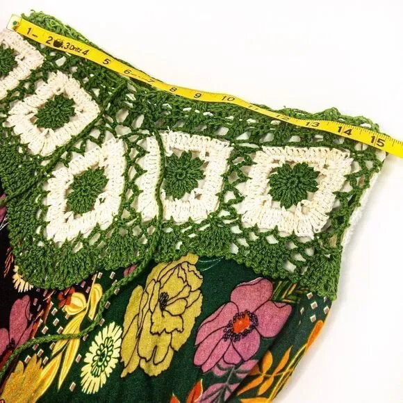 Thai Green Floral Crocheted Bodice Midi Summer Dress Sz S/M - Picture 8 of 11